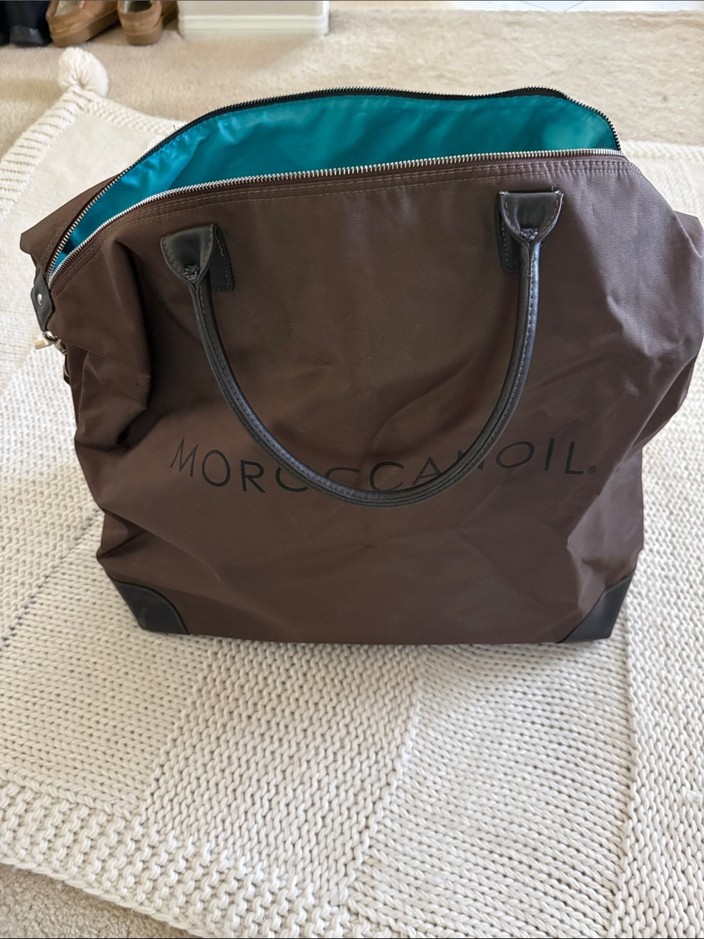 Moroccanoil Brown Duffel Bag with Teal Lining